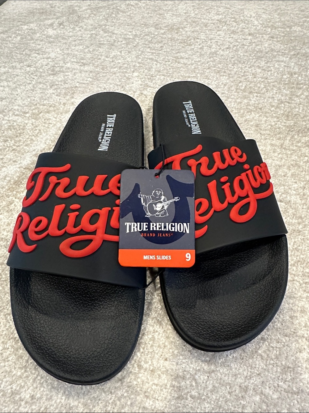 True Religion Black Slides with Red Script Logo